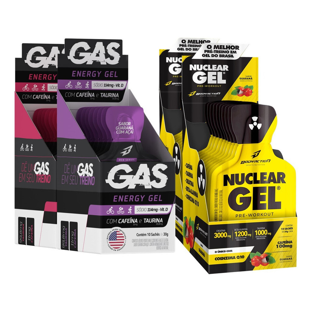 Kit 2x Gas Energy Gel + 2x Pré Treino Nuclear Rush Gel Sachê Bodyaction