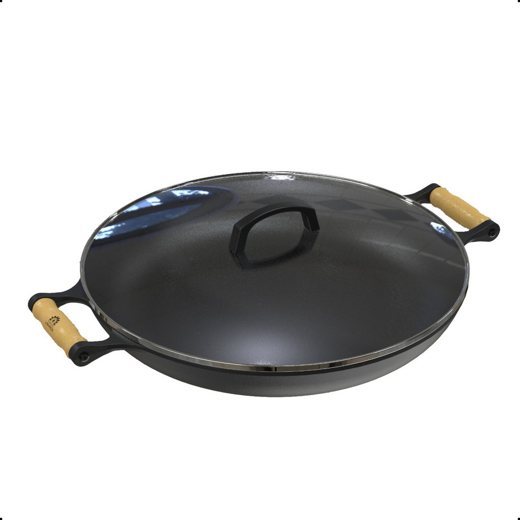 Frigideira Panela Paella de Ferro Fundido com Tampa de Vidro Paellera Paelleira Grande  40 cm Libaneza