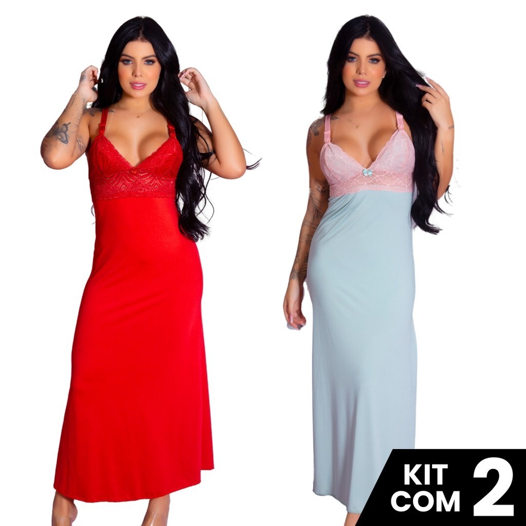 Kit 2 Camisolas Longas de Amamentação Elegante Confortável Vestido de Dormir Prático Lingerie Maternal