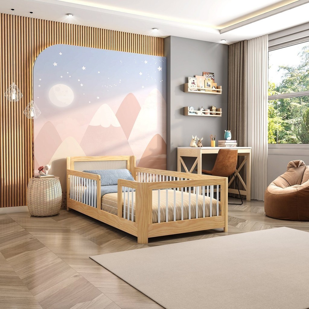 Cama Infantil Solteiro Montessoriano Wave com Rattan Casatema Branco/Natural - Mom & Baby