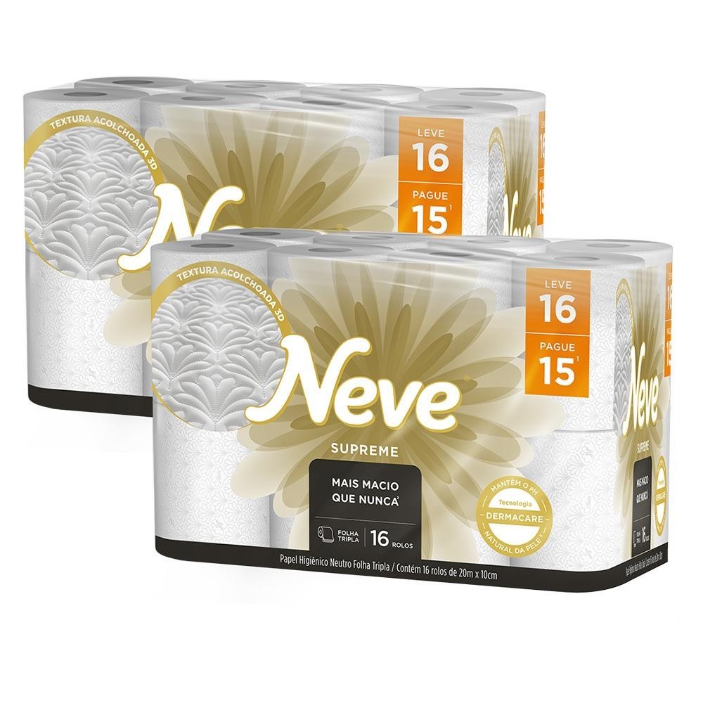 Kit 2 Papel Higiênico Neve Supreme Folha Tripla Leve 16un cada Kit 2 Papel Higiênico Neve Supreme Folha Tripla Leve 16un cada