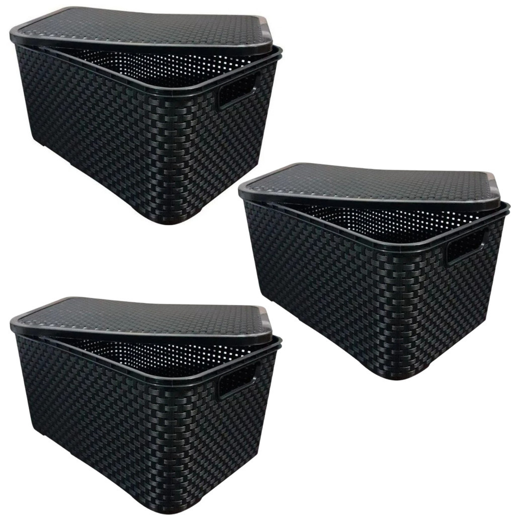 Kit 3 Caixa Organizadora Multiuso Cesto Organizador Rattan 7 Litros Com Tampa Empilhável