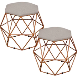 Kit 02 Puffs Decorativo Aramado Bronze Six L02 Linho Bege - Lyam Decor
