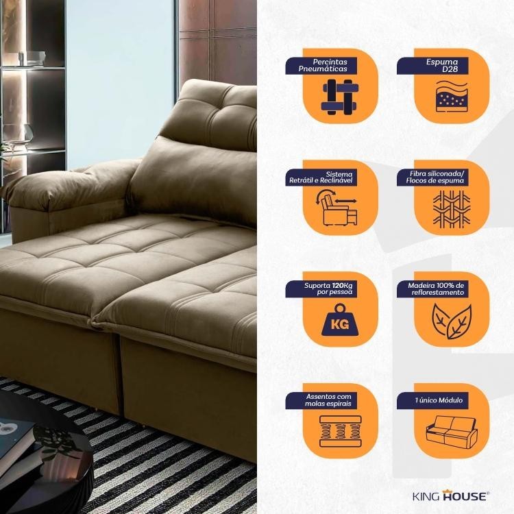 Sofá Retrátil Reclinável Verona 2,00m Suede Velut Bege  Molas no Assento - King House