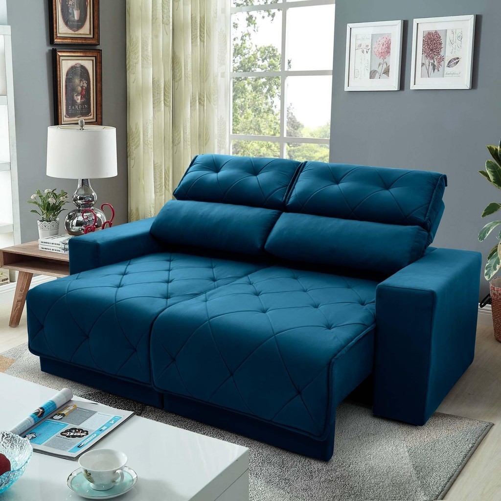 Sofá Retrátil Reclinável Belga 1,80m Suede Velut Azul Molas no Assento