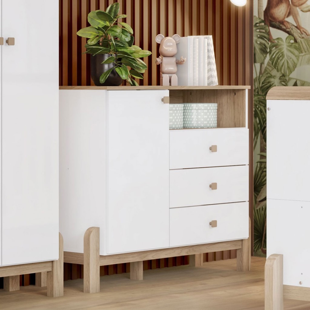 Cômoda Infantil Ternura 1 Porta 3 Gavetas Branco/Jequitibá - Henn em Oferta na Shopee