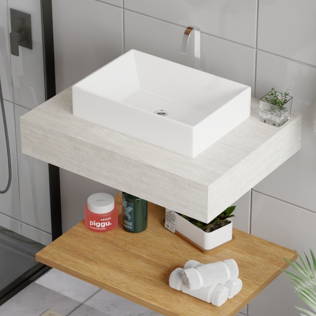 Pia Banheiro 62x40 Porcelanato Kit Cuba Suportes Elite Travertino Cuba Branca Pronto Instalar Lavabo