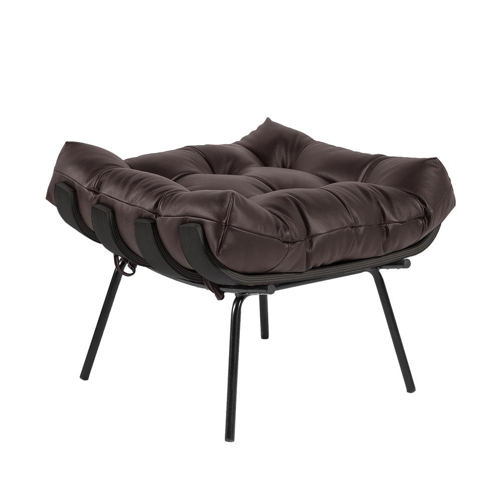 Puff Decorativo Sala de Estar Costela Base Preta Couro Marrom G34 - Gran Belo