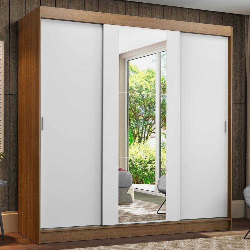 Guarda-Roupa Casal Madesa Reno 3 Portas de Correr com Espelho - Rustic/Branco - Home & Living