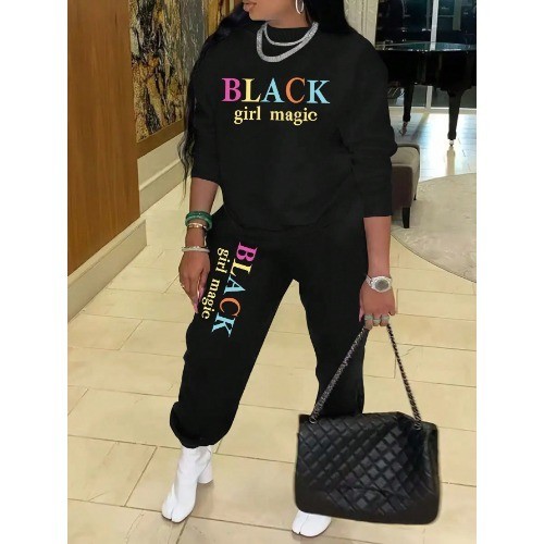 Conjunto de Moletom e Calça de Moletom com Estampa de Letra BLAK da Moda lançamento