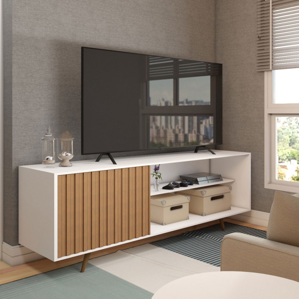 Rack para TV Até 55 Polegadas Finesse 1 Porta Ripado Branco/Freijó - Panorama Móveis em Oferta na Shopee