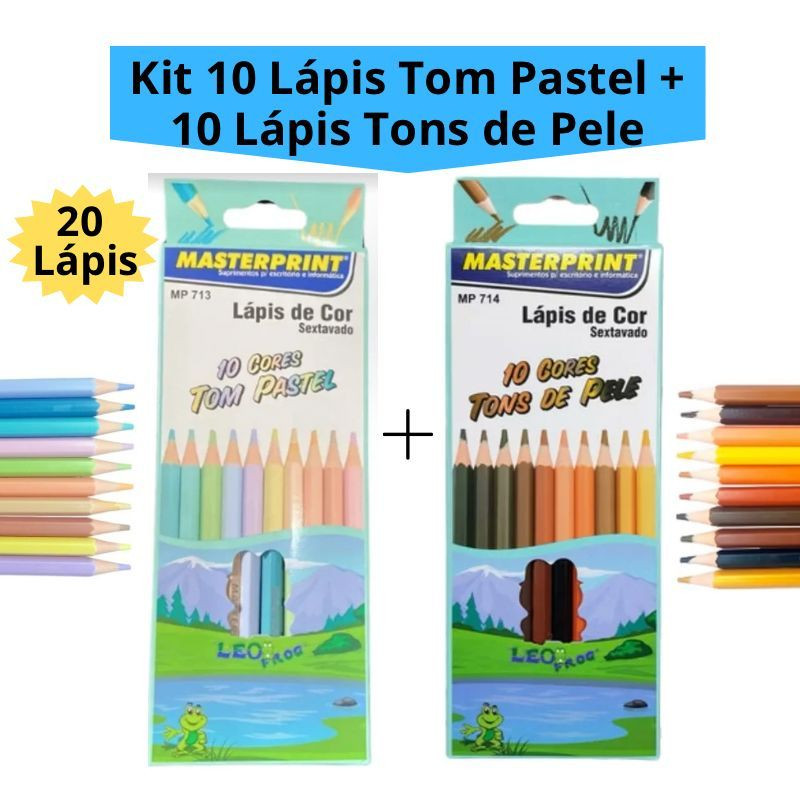 Kit 20 Lápis de Cor (10 Cores Tom Pastel +10 Cores Tons de Pele) Cores Únicas Escolar Sextavado Masterprint