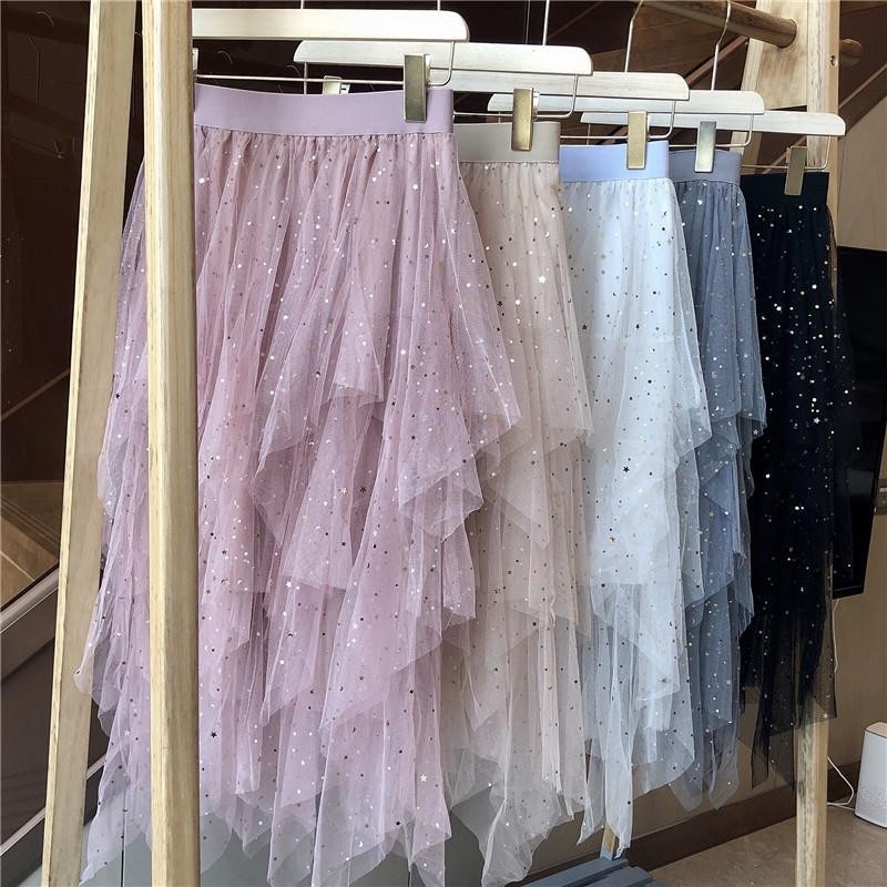 Primavera E Verão Irregular Lantejoulas Estrela Malha Saia De Fadas Cintura Alta Glitter Bolo em Oferta na Shopee