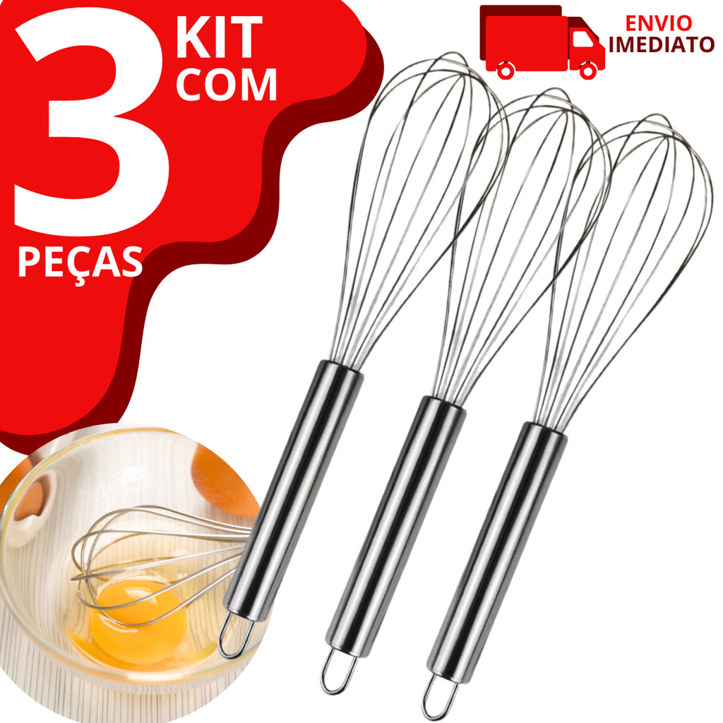 Kit 3 Batedor De Ovos E Massas Fouet Profissional Em Aço Inox Mixer Manual 30cm