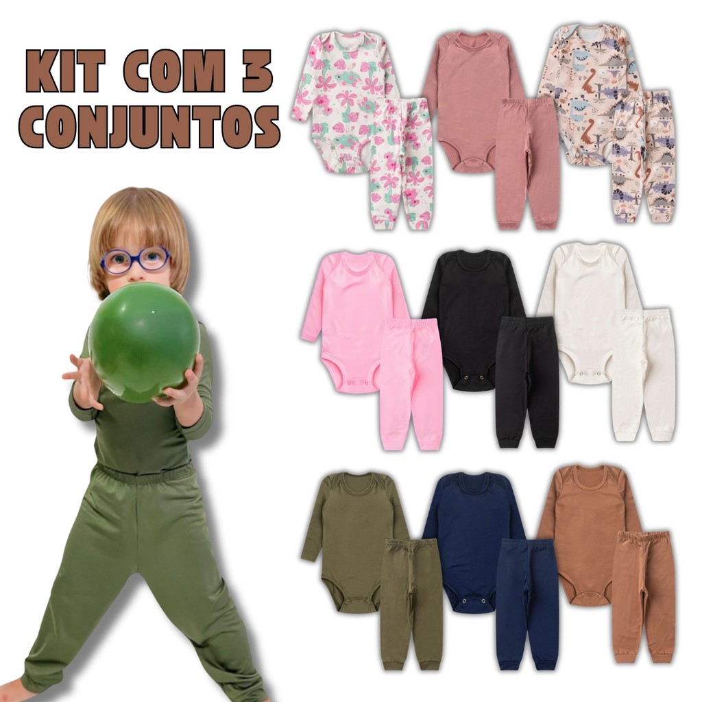 Kit 6 Peças Conjunto Térmico 3 Bodys + 3 Calças Infantil para Bebe Menino e Menina Peluciado Inverno em Oferta na Shopee