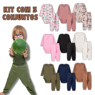 Kit 6 Peças Conjunto Térmico 3 Bodys + 3 Calças Infantil para Bebe Menino e Menina Peluciado Inverno em Oferta na Shopee