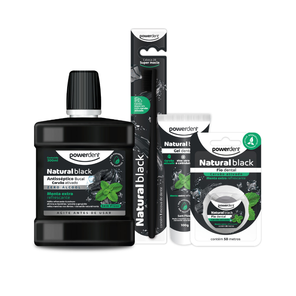 Kit Higiene Bucal Natural Black com Escova Ultra Macia + Gel Dental + Antisséptico + Fio Dental Powerdent em Oferta na Shopee