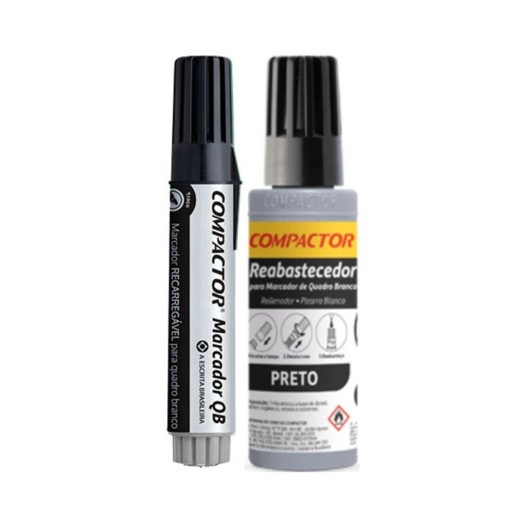 KIT MARCADOR DE QUADRO BRANCO + REFIL REABASTECEDOR COMPACTOR - PRETO