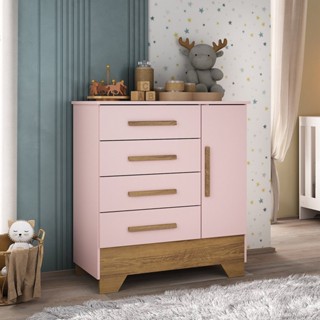 Cômoda Infantil 1 Porta e 4 Gavetas Tic Tac Rosa Fosco/Nature em Oferta na Shopee