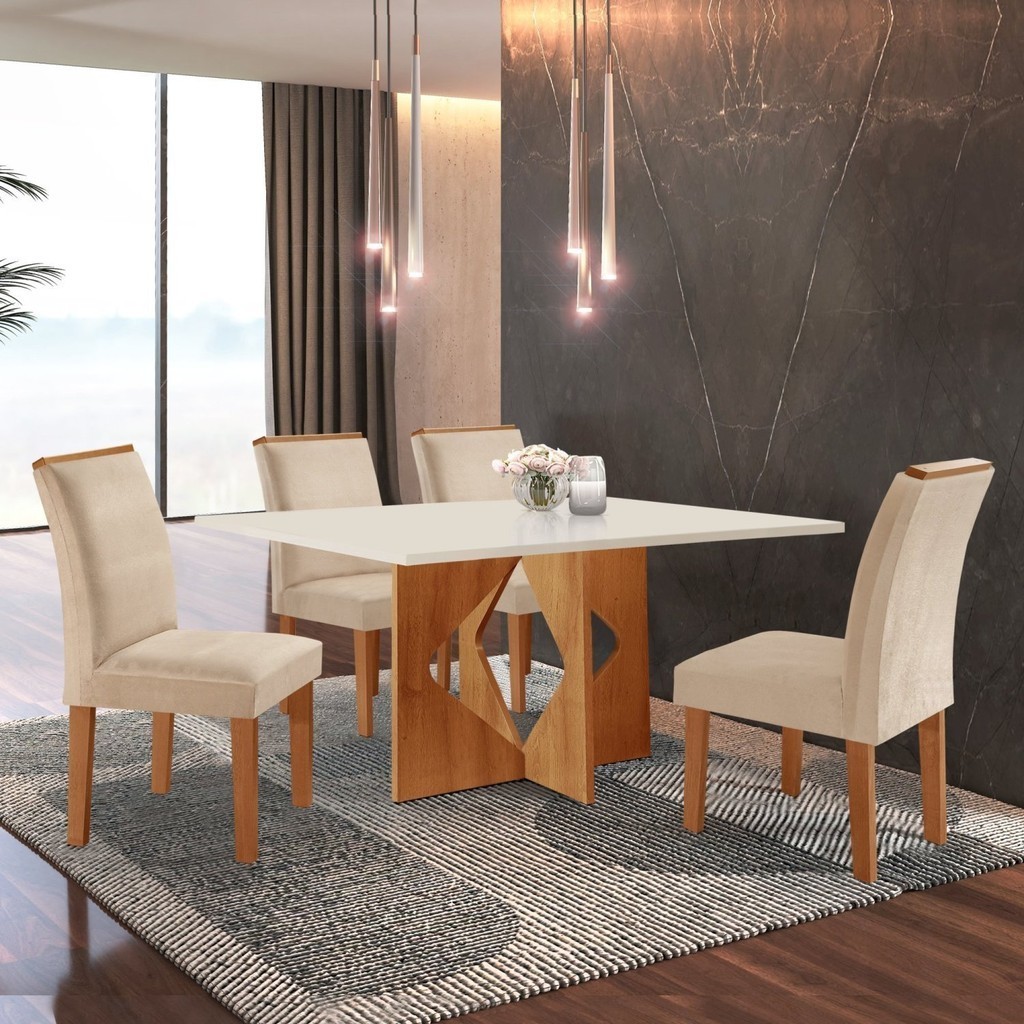 Conjunto Sala de Jantar Mesa Tampo Dakota Plus 120x80cm com 4 Cadeiras Laura Marrom/Cinamomo/Off White/Suede Pena