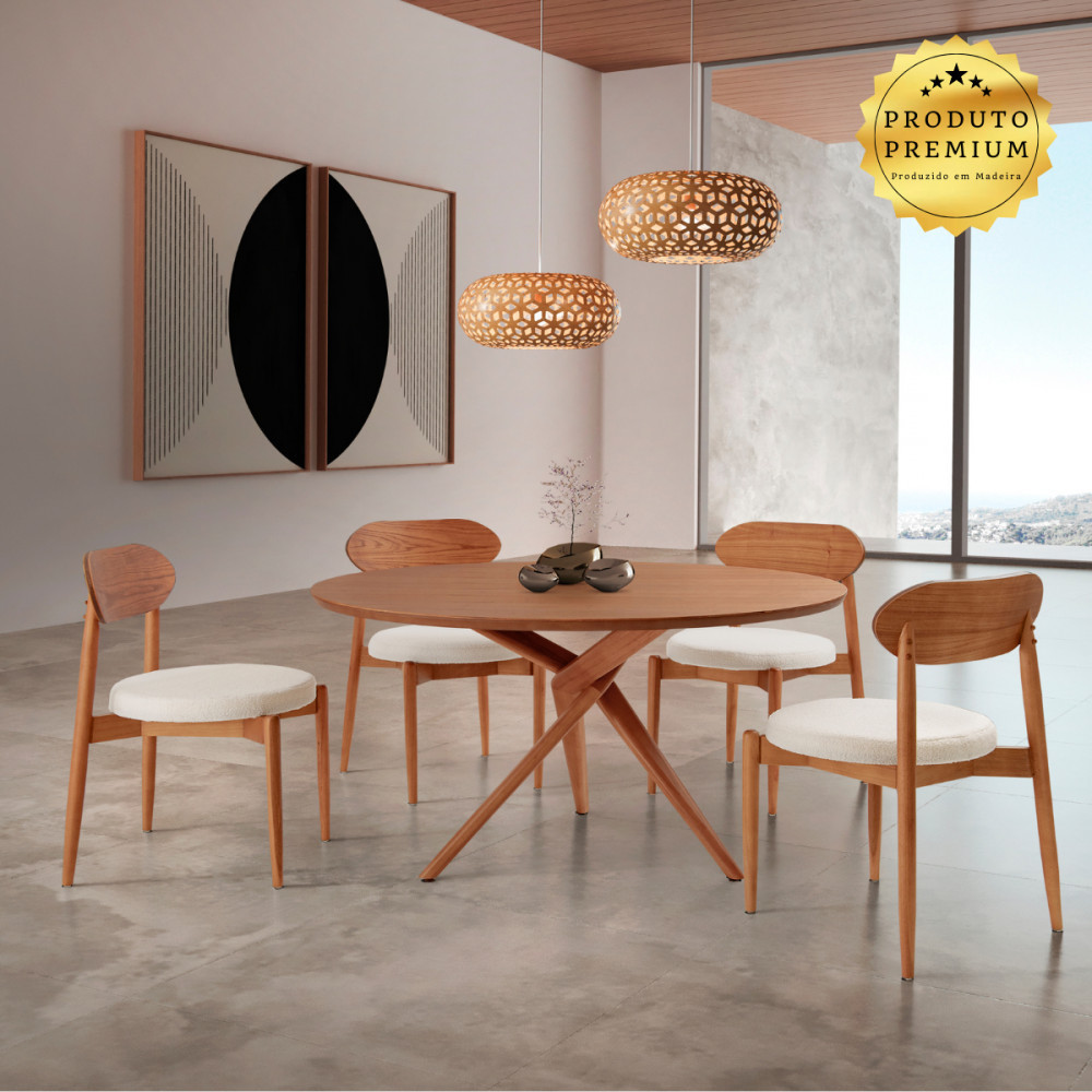 Conjunto Sala de Jantar Ballare 135cm Redonda com 4 Cadeiras em Madeira Moderna