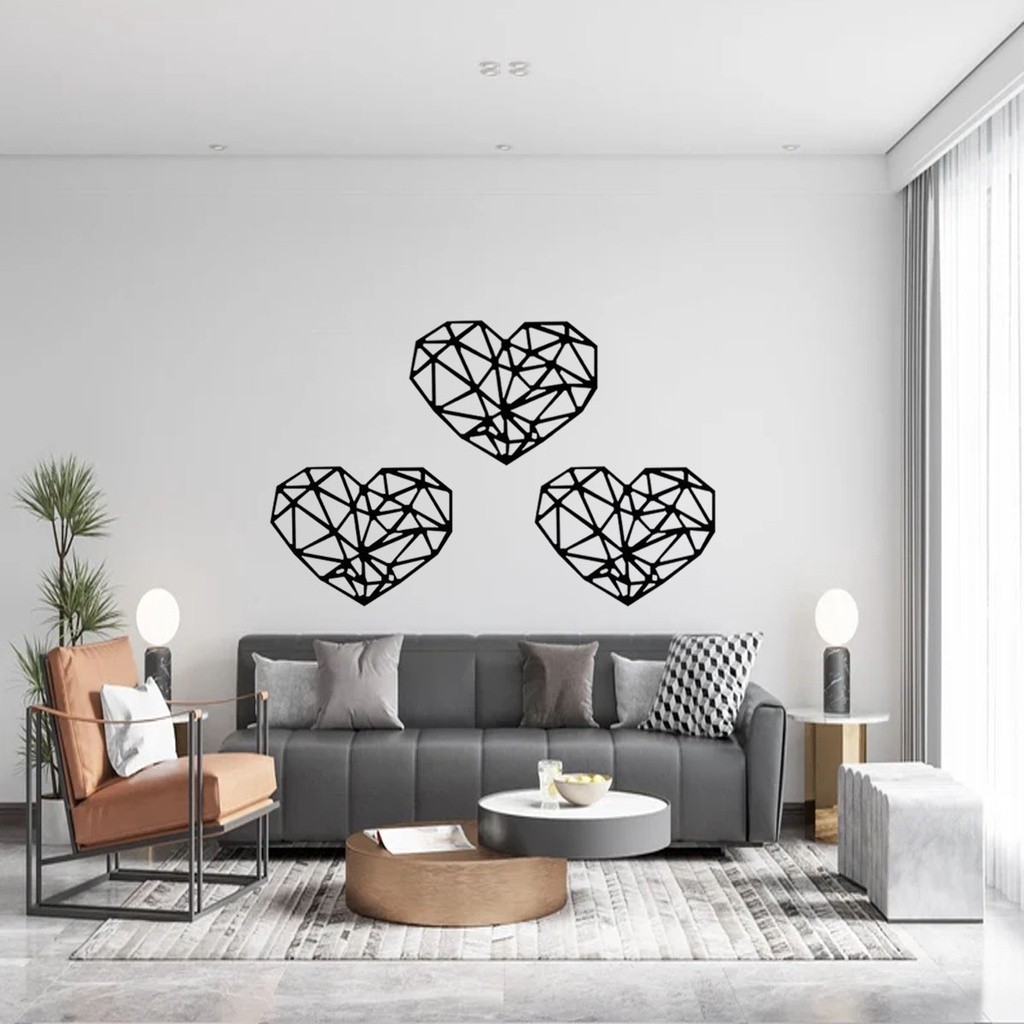 Quadro Coração Geométrico Decorativo Cabeceira Sala Mdf Parede + 2 Mini aplique coração