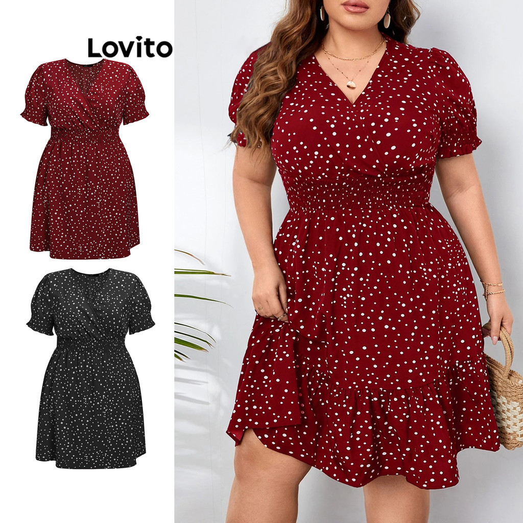 Lovito Plus Size Boho Vestido Feminino com Estampa de Bolinhas LBE05151 (Borgonha)