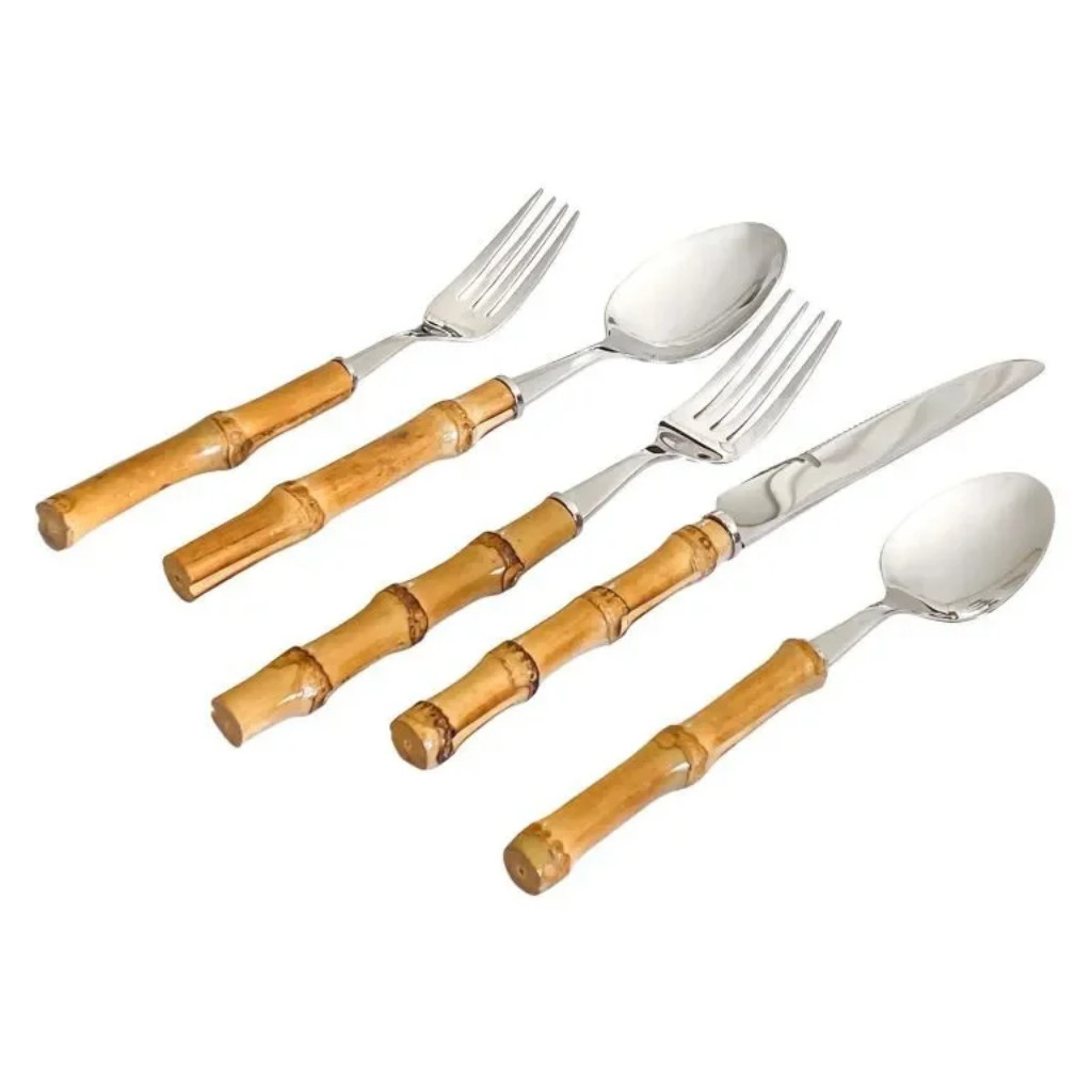 Jogo de Talheres com 5 Peças em Aço Inox e Cabo de Bambu Natural BTC Decor