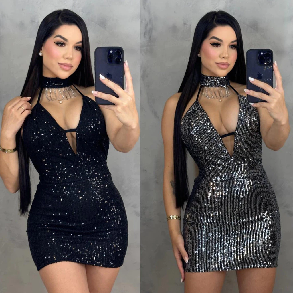 Vestido Paetê Decotado, Alça Fina C/ Gola Alta Franja de Strass, Decote com Bojo, Curto Coladinho Brilho Noite Balada — imagem 1