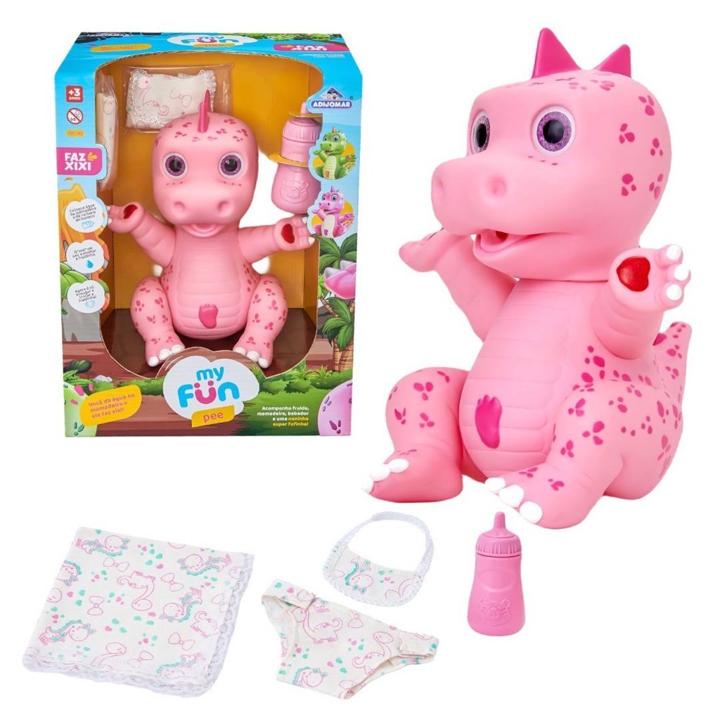 Boneco Dinossauro Faz Xixi Rosa + Mamadeira Fraldinha e Babador Brinquedo Menina Faz de Conta