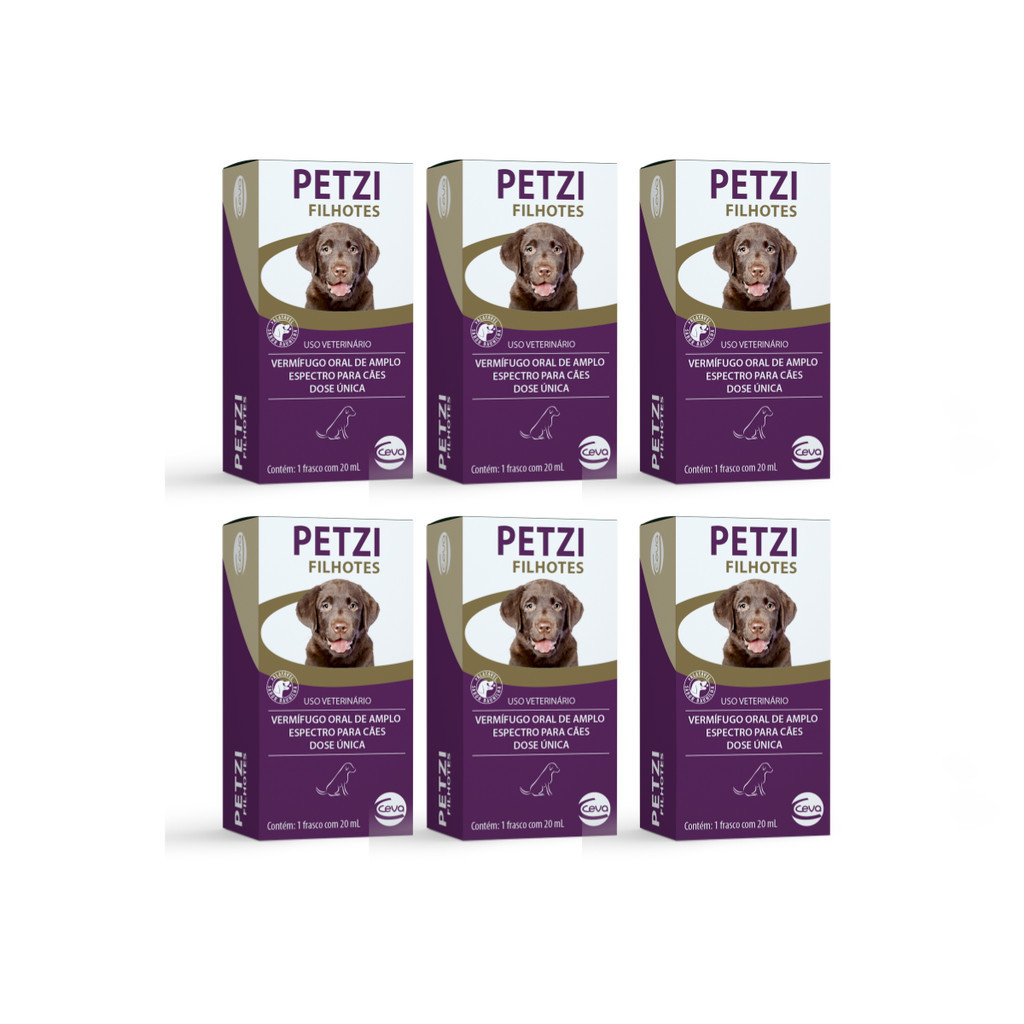 Kit 6 Vermífugo Petzi Cães Filhotes Dose Única Ceva 20ml