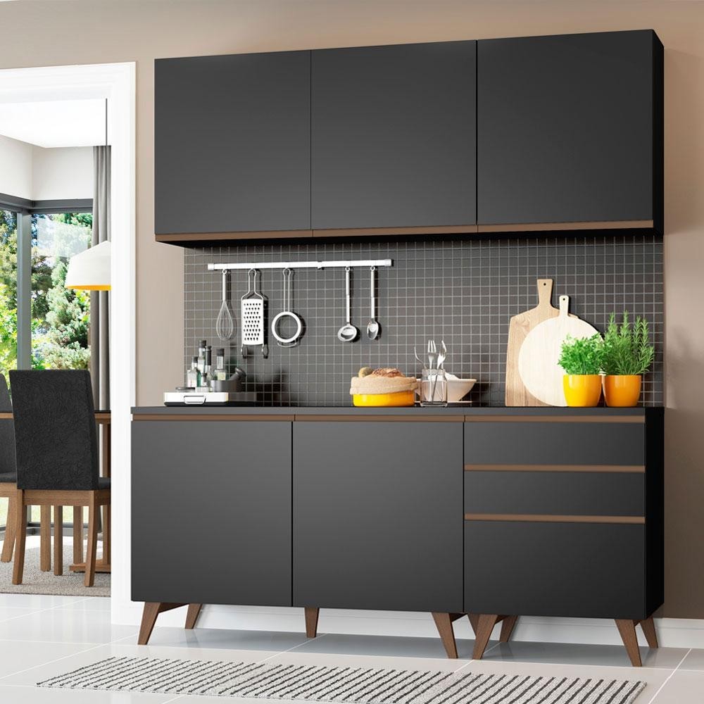Armário de Cozinha Compacta Madesa Reims com Balcão 5 Portas 3 Gavetas Preto - Home & Living