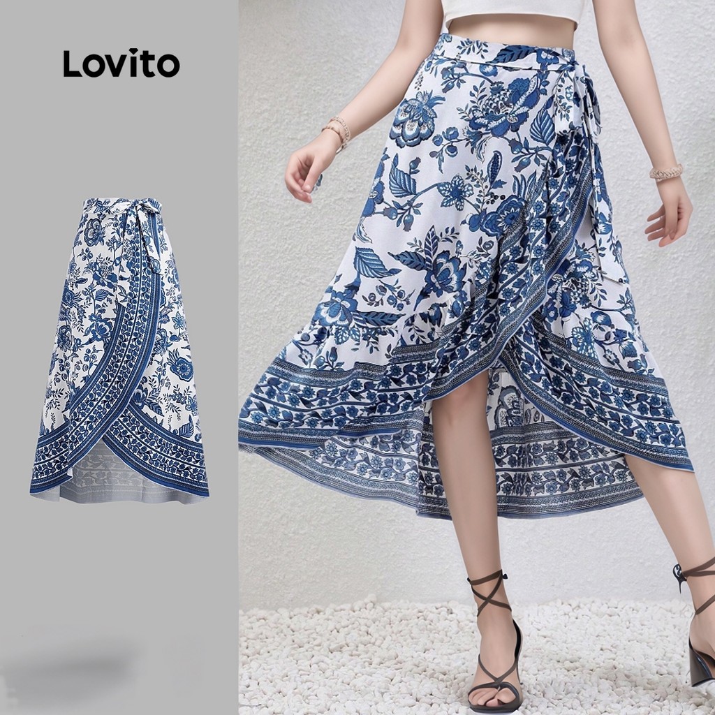 Lovito Saia Boho Floral Lace Up para Mulheres L123ED148 - Women Clothes
