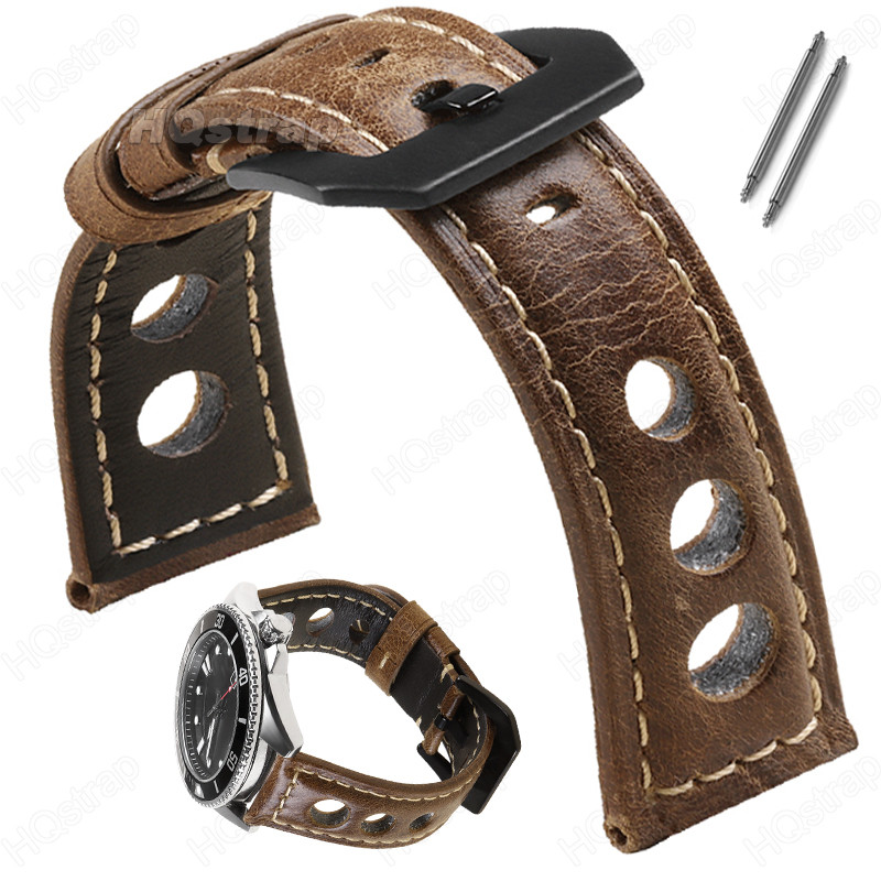 Pulseira De Relógio De Couro De Cera 20mm 22mm 24mm Para Mulheres Homens À Prova D'água Respirável De Três Furos Cinto U em Oferta na Shopee