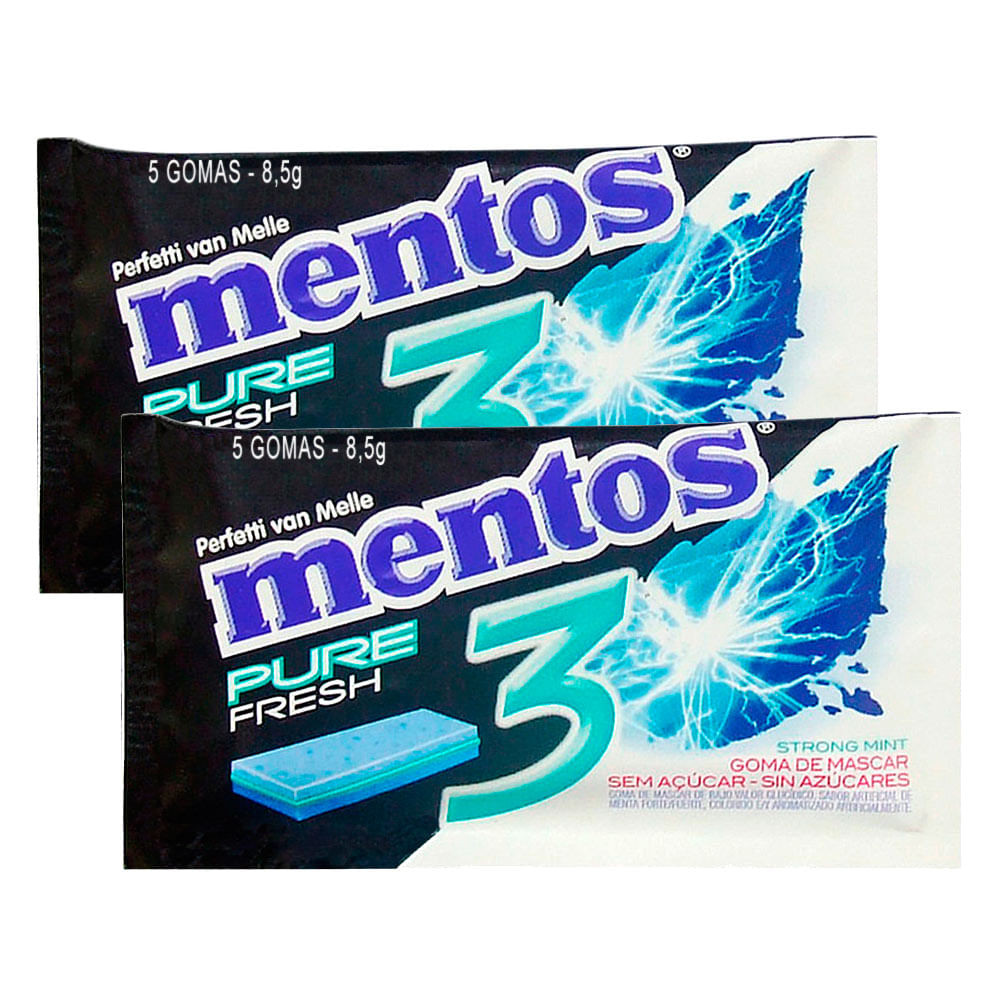 Kit 2 Chiclete Mentos Pure Fresh 3 Sabor Strong Mint Sem Açúcar 8,5g com 5 Unidades - Food & Beverages