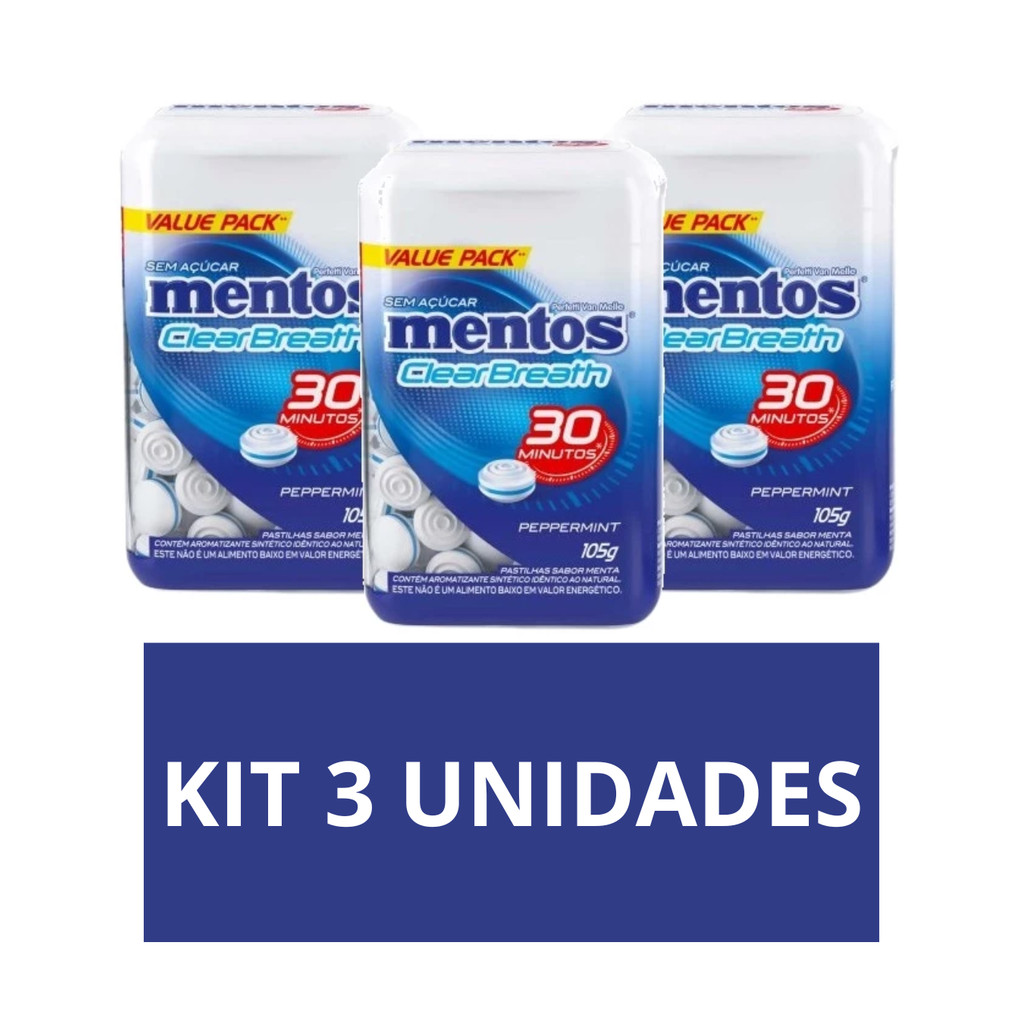 Kit 3 Pastilhas Mentos Kiss Sabor Peppermint Sem Açúcar 105g/cada - Pote Com 150 unidades