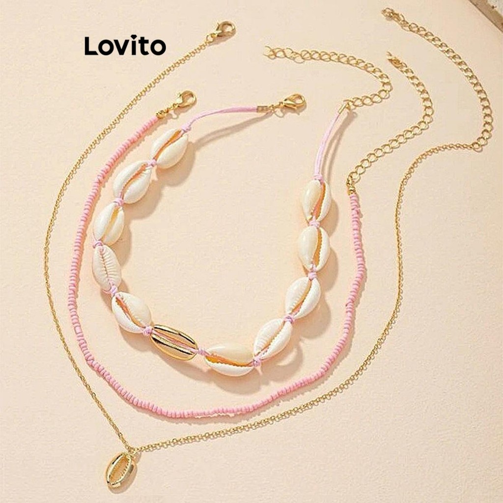 Detalhes do (Trendy) Lovito Boho Plain Shell peças com contas de corrente de Metal colares de férias para mulheres LFA71043
