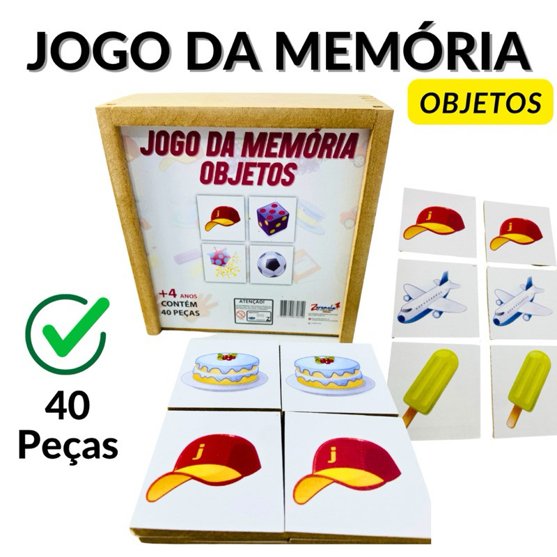 Jogo da Memória Objetos 40 Peças em Madeira Brinquedo Educativo Pedagógico em Oferta na Shopee
