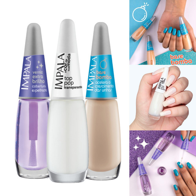 Kit Esmalte Impala Extra Brilho + Top Pop + Base Bomba em Oferta na Shopee