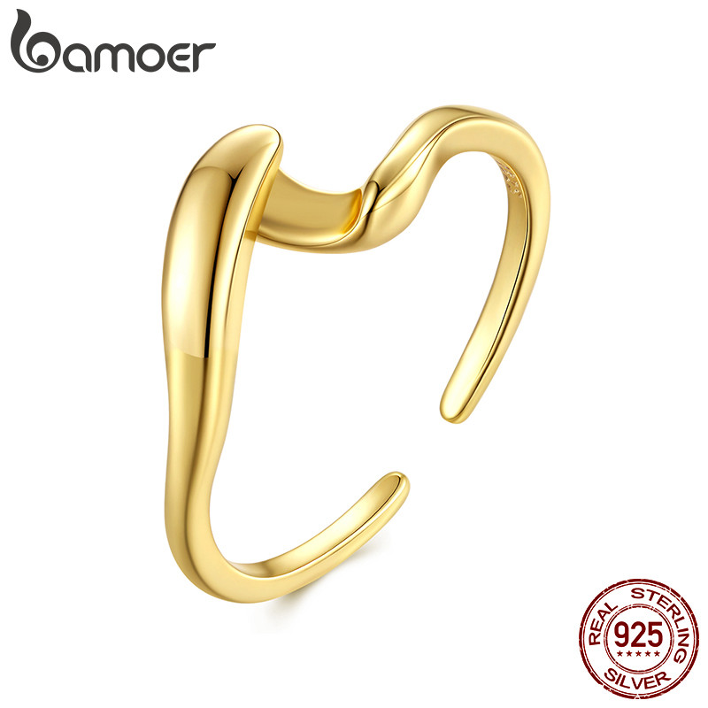 Bamoer 925 Sterling Sliver Anel Aberto Simples Cor Dourada Moda Joias Presentes Para Mulheres