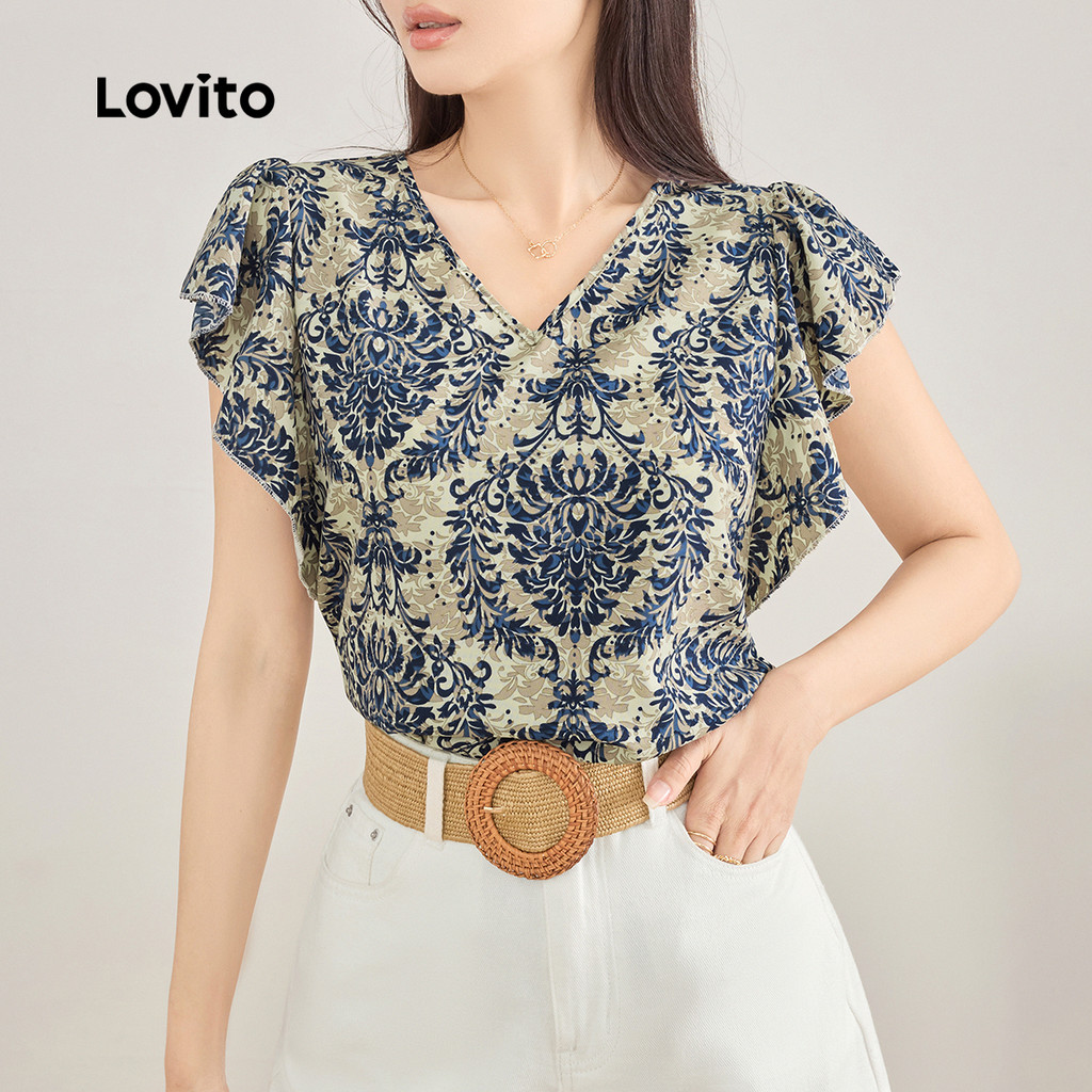 Detalhes do Lovito Blusa Boho Paisley Ruffle Blusa Verão/Primavera Para Mulheres L123ED240