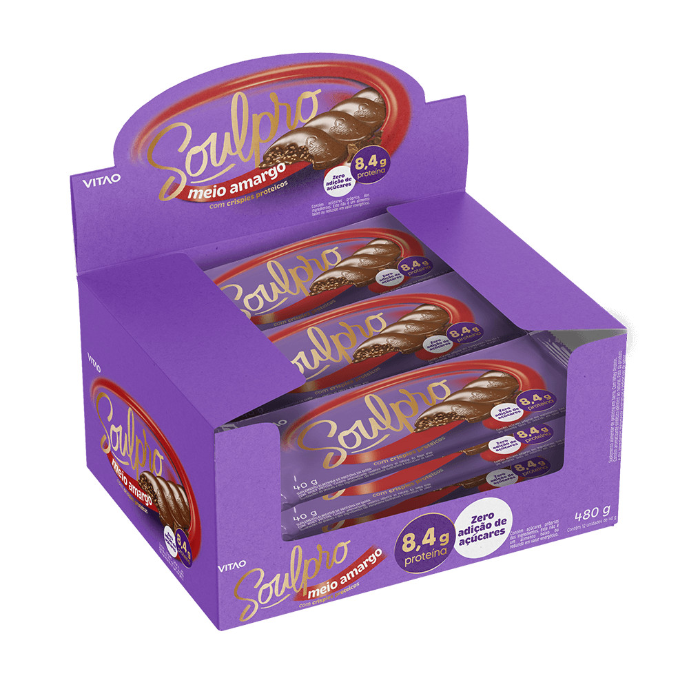 Kit Chocolate Proteico Meio Amargo Zero Açúcar Soulpro 40G - 12 Unidades - Food & Beverages