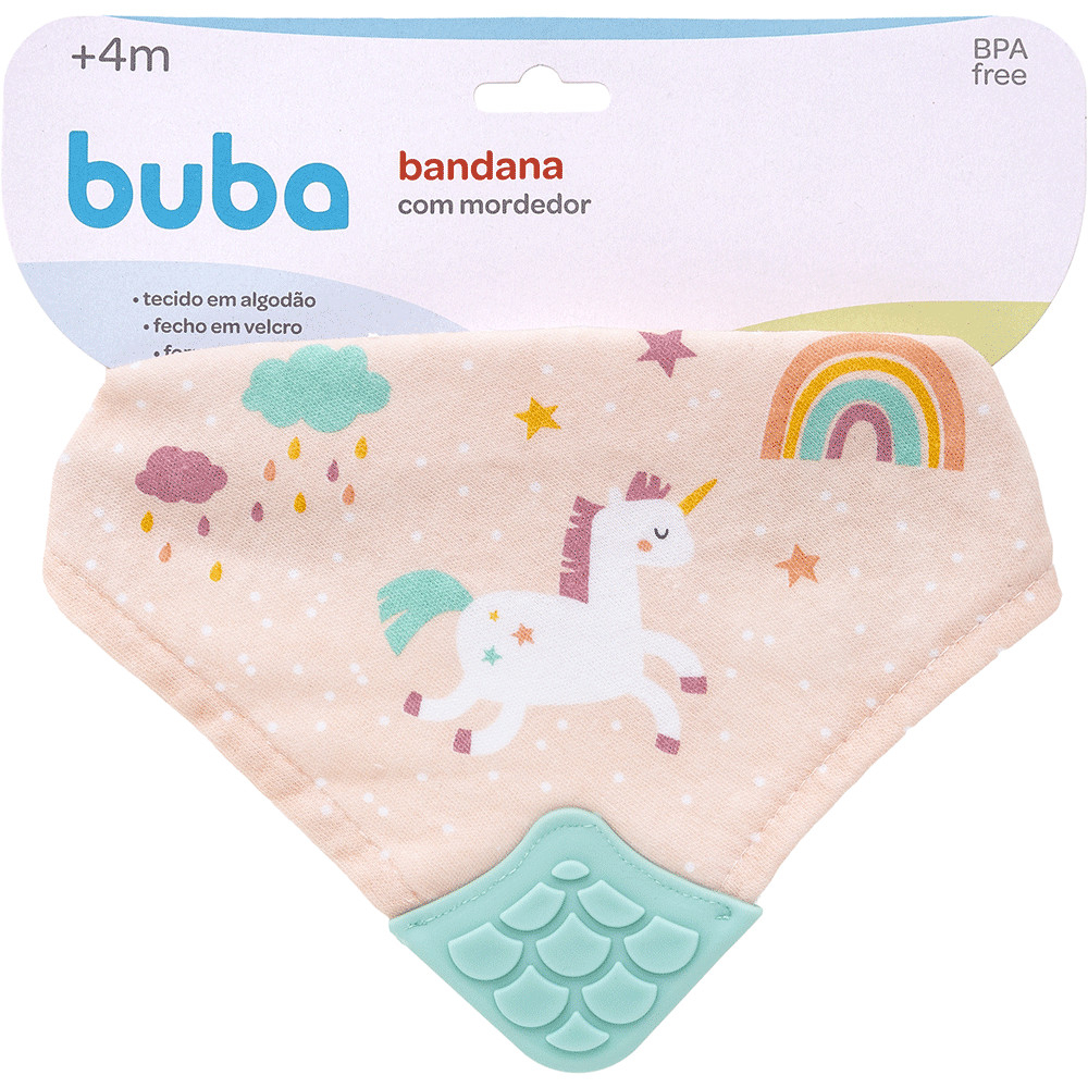 Bandana Babador Com Mordedor Massageador Dentes Gengiva Algodão Infantil Bebe Buba Unicórnio Rosa