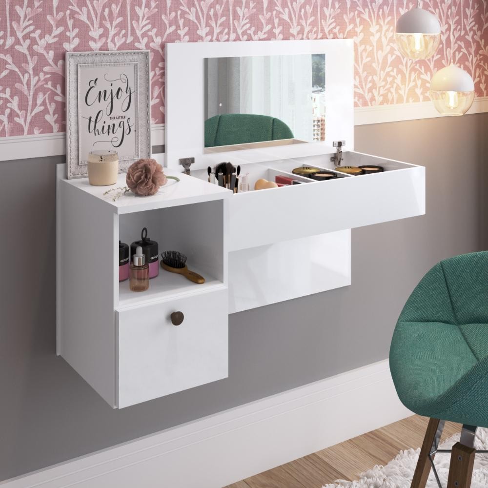 Penteadeira Suspensa Camarim com Espelho 1 Gaveta 4 Nichos MU111 90cm Branco - Decibal Móveis em Oferta na Shopee