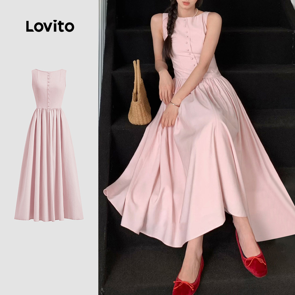 Lovito Vestido Casual Liso Primavera E Verão Vestido Drapeado Com Botões Para Mulheres L125AD198 - Women Clothes