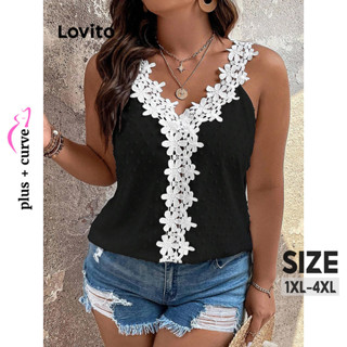 Lovito Plus Size Blusa Feminina Casual Lisa Colorblock com Renda LBL09174