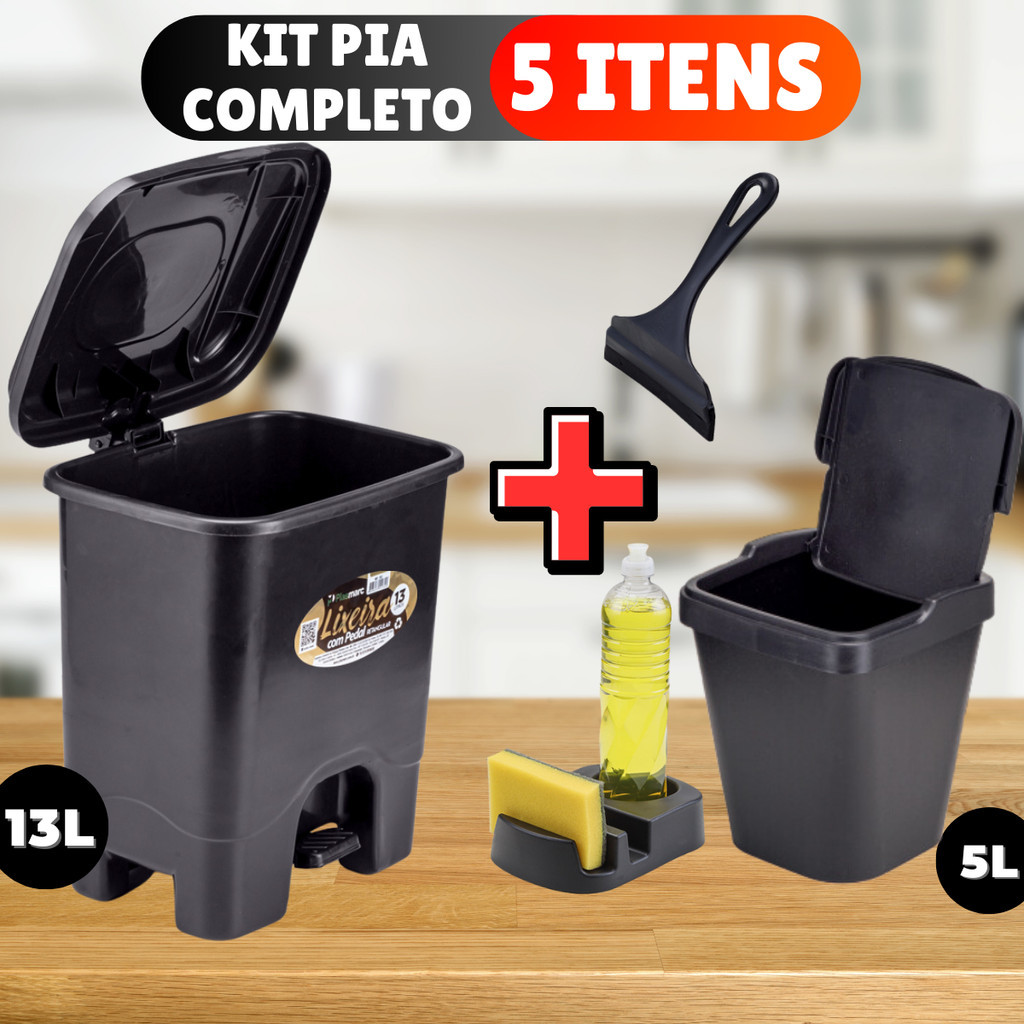 Kit Lixeira Pia 5 Litros + Lixeira 13 Litros c/ Pedal + Porta Detergente Sabão + Rodinho de Pia