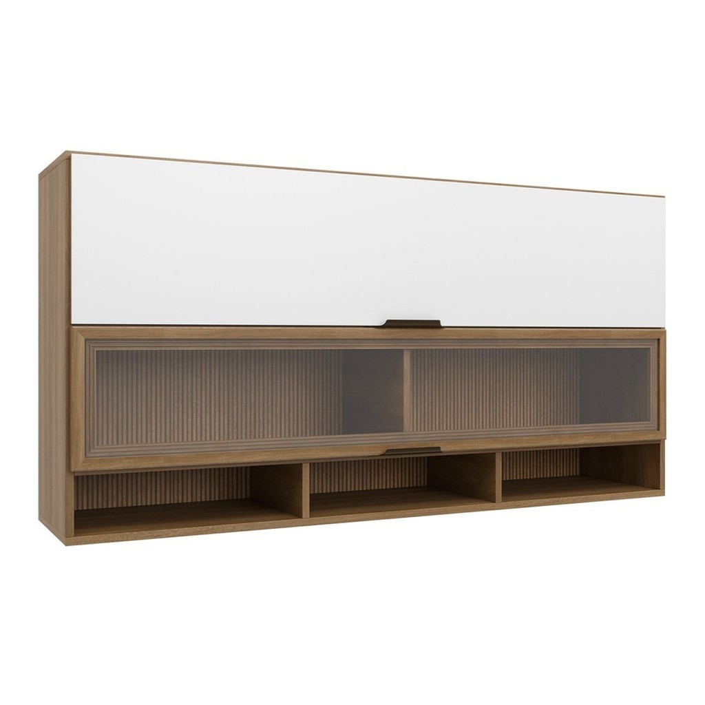 Armário Aéreo para Cozinha 2 Portas Basculantes Paris Nogal Manchester/Branco Brilhante em Oferta na Shopee