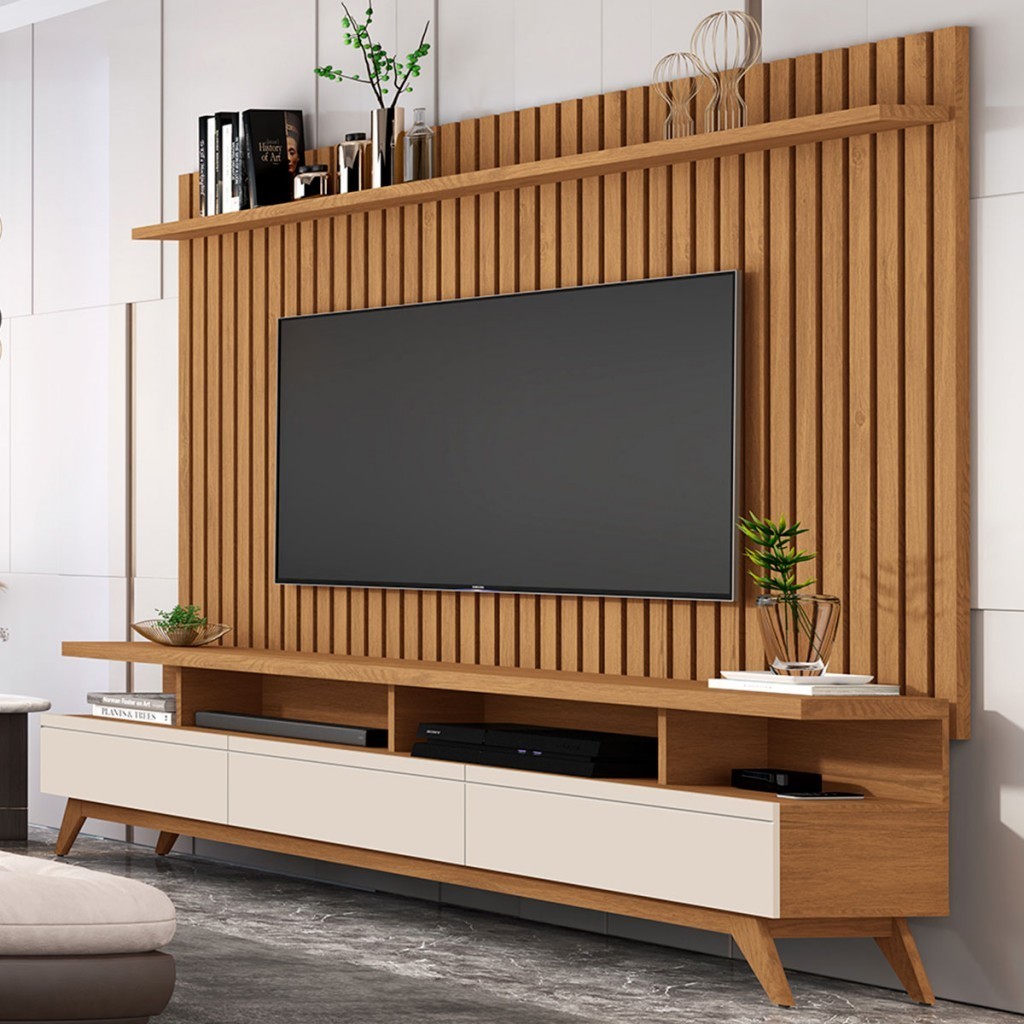 Rack com Painel para TV Até 72 Polegadas Vivare Wood Classic 3 Gavetas Off White/Freijó - Giga Móveis em Oferta na Shopee