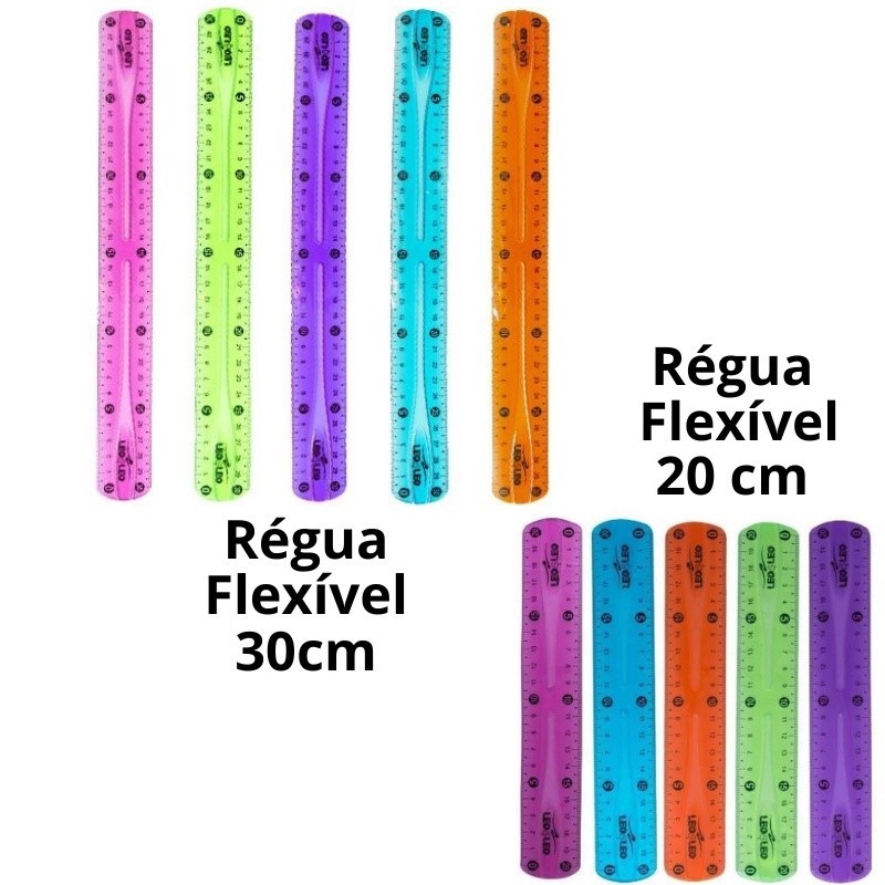 Régua Flexível 30cm e 20cm Cores Variadas Material Escolar Papelaria Escritório Leo&Leo